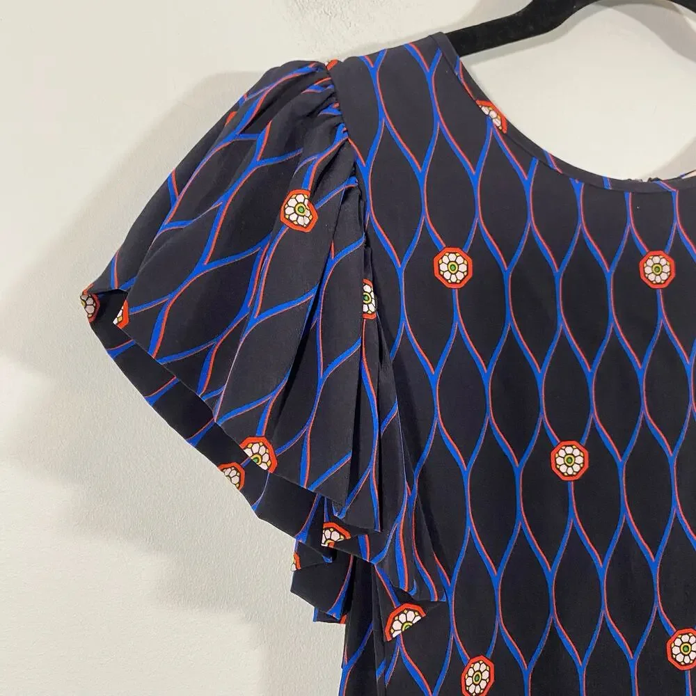 Kenzo x H&M Women's Abstract Print 100% Silk Ruffle Cap Sleeve Blouse Size 2